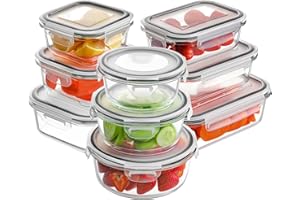 HOMBERKING Glass Food Storage Containers with Lids, [18 Piece] Glass Meal Prep Containers, Airtight Glass Lunch Bento Boxes, BPA-Free & Leak Proof (9 lids & 9 Containers) - Grey