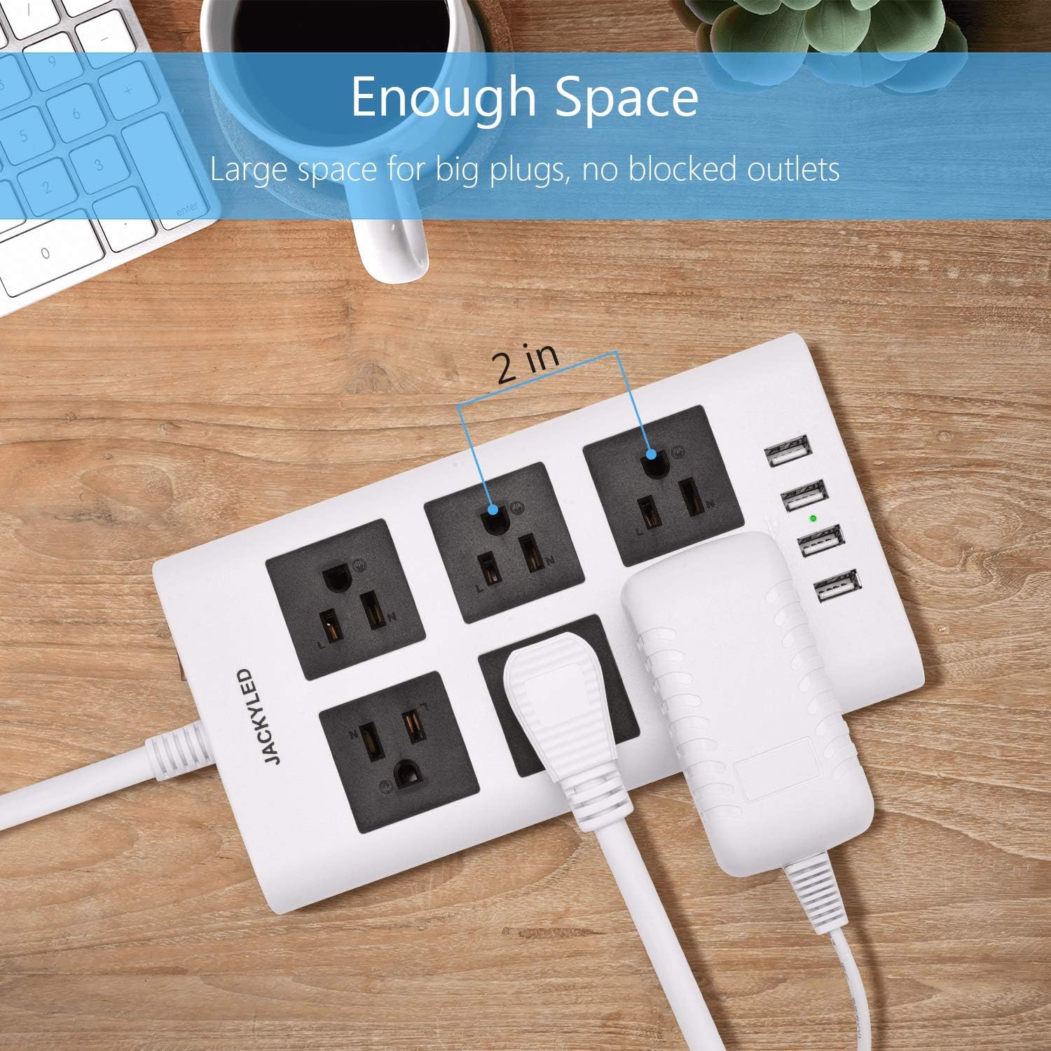 Power Strip 10ft Surge Protector JACKYLED Flat Plug 15A 14 AWG Long Extension Cord 6 AC Outlets 4 USB Ports Fast Charge Electric Outlet Fireproof Desktop Charger for iPhone iPad Laptop White: Home Audio & Theater