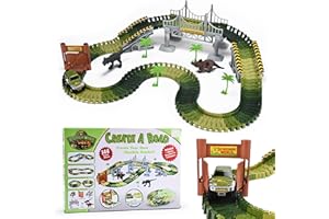 Dazmers Multi-Color Dinosaur Race Track - Set of 16 - Toddler Race Track for Kids Play, 2.5'' H x 16.5'' L x 11.8'' W, Flexible, Made of Durable Green Plastic - Ideal for Playtime Adventures