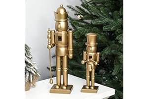 Quzzil 2 Pcs Christmas Nutcracker Ornaments Neutral Nutcracker Figures 10'' 15''Christmas Decor Ornament Soldier Festive Collectible Gift for Table Fireplace Shelf Desktop(Gold,Wooden)