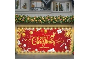 WLLEYAY 7x16ft Christmas Garage Door Cover with LED String Lights, with Adhesive Hooks and Bungee Cords with Hooks, Large Christmas Banner Backdrop Decorations, Outdoor Lighted Garage Banner
