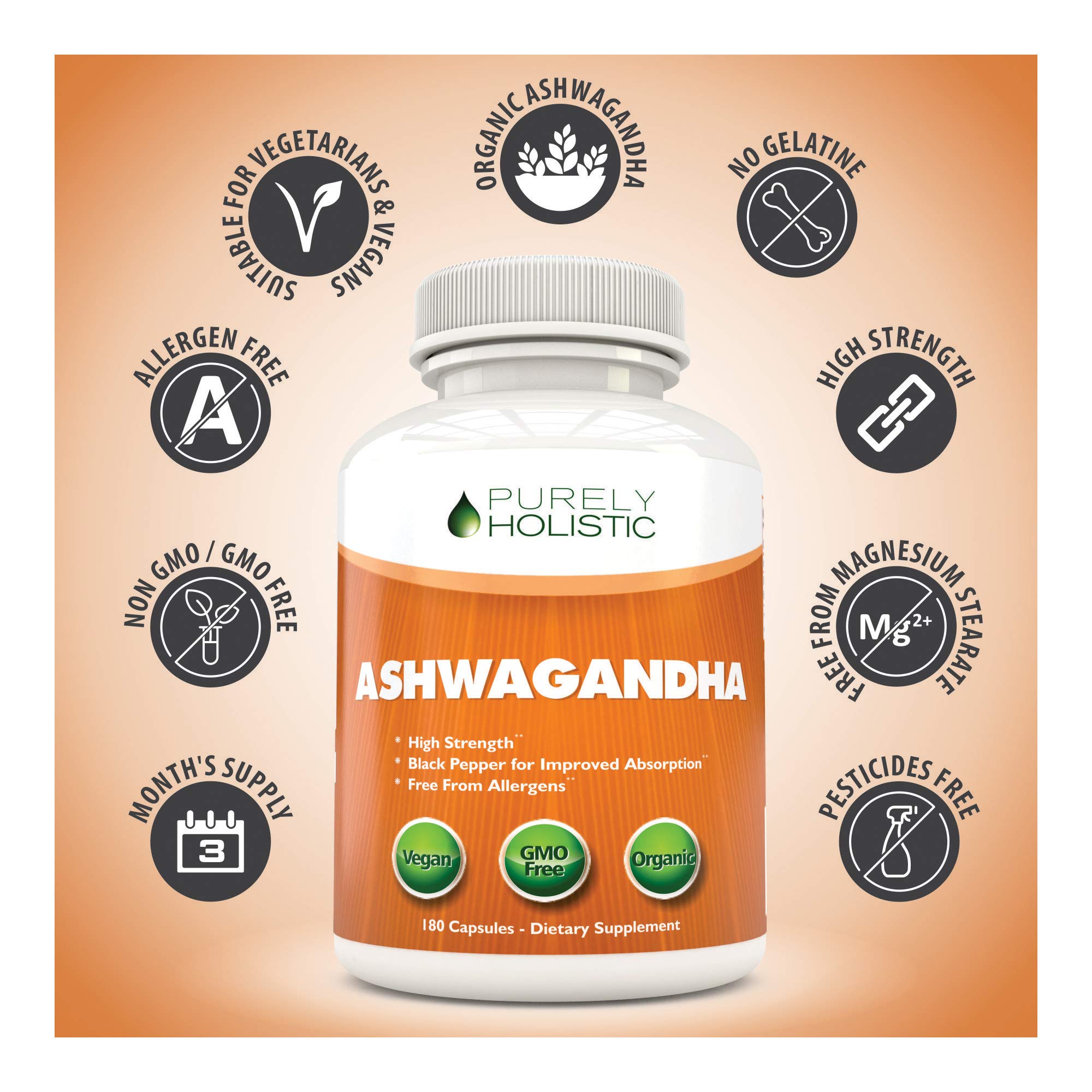 Ashwagandha Capsules, 180 Organic Ashwagandha Root Powder Extract of