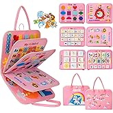 AIXMEET Toddler Busy Board Montessori Toys, Sensory Board Busy Book, Toys for Toddlers 3456 Year Old, Preschool Learning Activities with Life, Shape,Color,Animal,Weather,8 Pages (Pink)