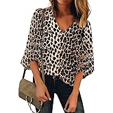 LookbookStore Women's V Neck Mesh Panel Blouse 3/4 Bell Sleeve Loose Top Shirt