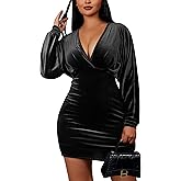 YMDUCH Women's Elegant Deep V Neck Long Sleeve Batwing Bodycon Velvet Mini Party Club Dress
