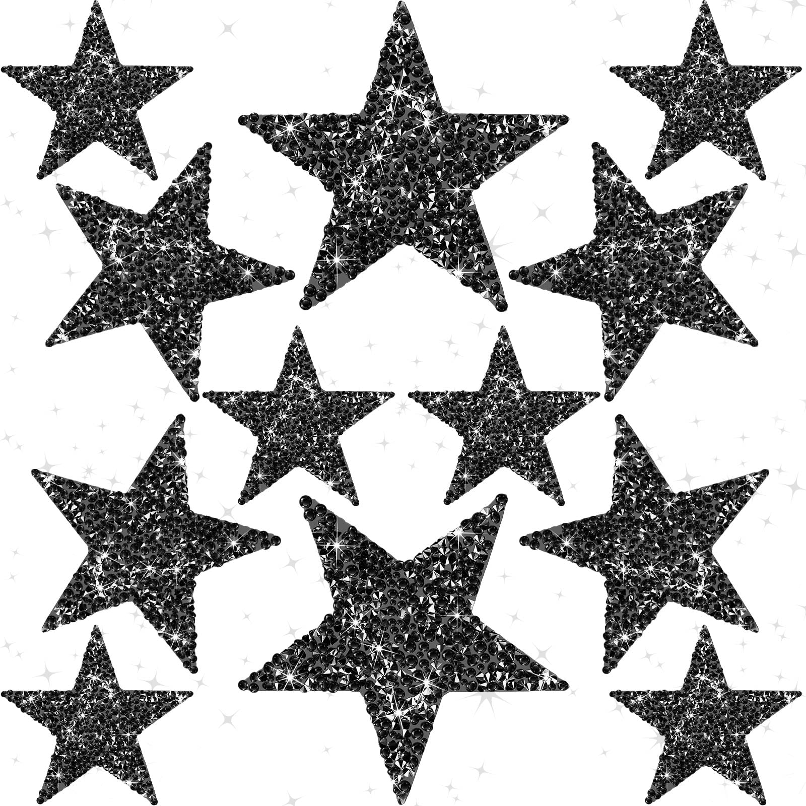 Photo 1 of 12 Pcs Iron on Stars Patches Rhinestone Adhesive Applique Hot Glue Rhinestone Stars Glitter Crystal Patches for Clothing Shoes Bags Hats Repair Decoration and DIY Accessory, 3 Sizes(Black)