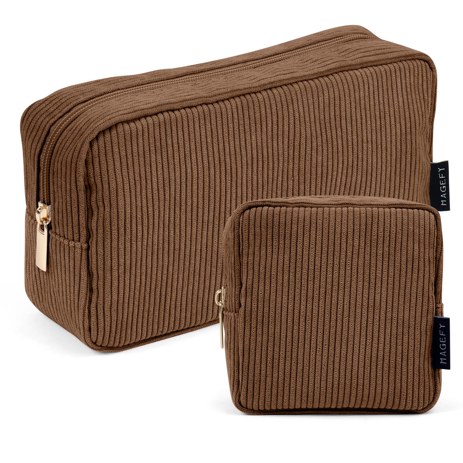 MAGEFY Makeup Bag 2 Pcs Small Cosmetic Bag for Handbag Corduroy Pouch with Compartments for Women Brown — image 1
