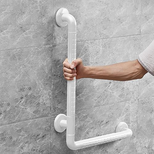 L Shaped Grab Bar for Shower, Grab Bar for Bathtub and Shower, 16inch x 24inch Safety Bar White with Luminous Rings, Handicap Grab Bars for Bathroom, Stainless Steel, Non-Slip Assist Handrail