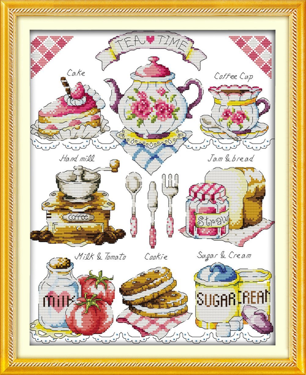 YEESAM ART Unstamped Cross Stitch Kits for Adults, Tea Time Cake Cookie Cafe 14ct Counted Unprinted Embroidery Kit Needlework Wall Art Decor