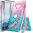 E-Began Case for Samsung Galaxy Note 9 with Screen Protector (Maximum Coverage, Flexible TPU Film), Ring Holder/Wrist Strap, Sparkle Glitter Flowing Liquid, Women Girls Kids Cute Case -Pink/Aqua