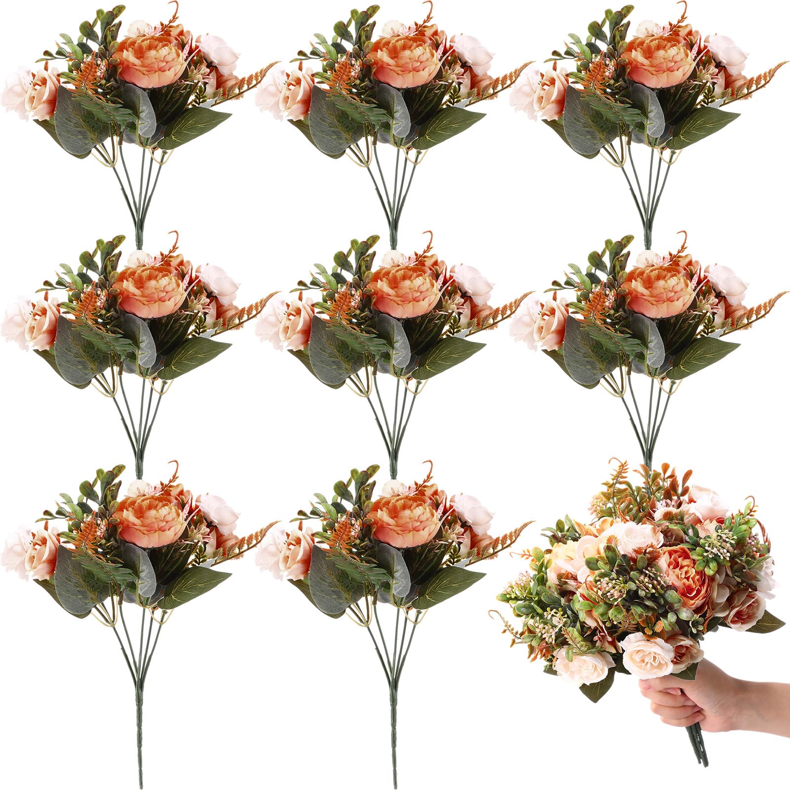 Crowye 8 Pieces Peonies Artificial Flowers Bouquet Fake Hydrangea