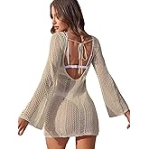COZYEASE Women's Long Sleeve Backless Knitted Cover Up Swimsuit Hollow Out Crochet Swimwear Beach Dress