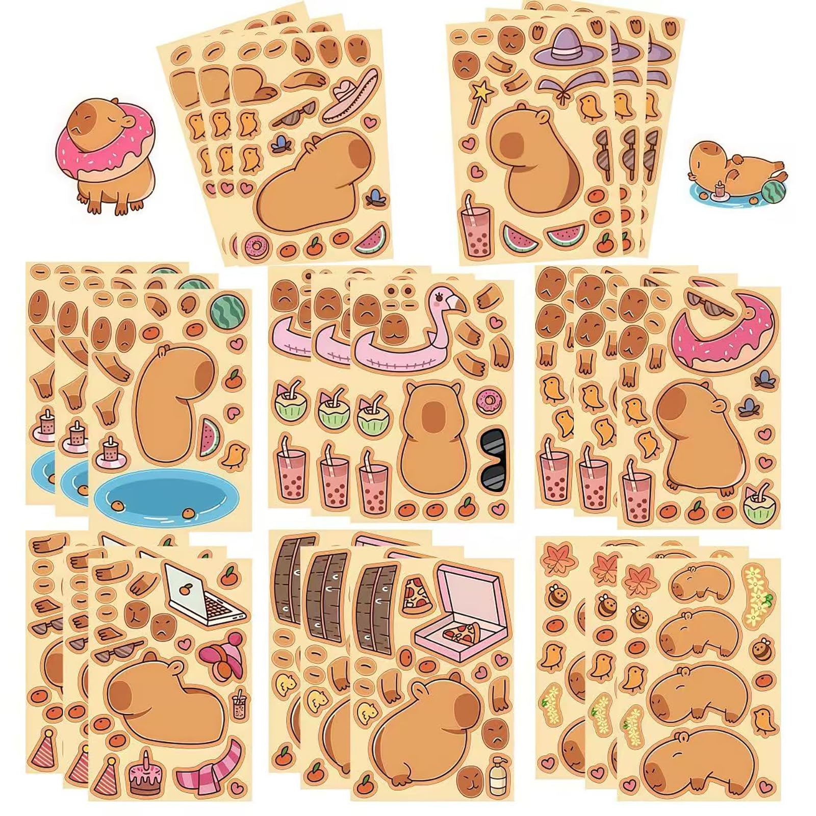 Capybara Sticker，24 Sheets Make a face Animal Stickers,Cute Kawaii Vinyl Animal Decals Make Your Own DIY Stickers for Kids Goodie Bag Stuffers Waterproof and Reusable Stickers for handcrafts