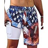 Gleeease 9inch Mens Swim Trunks: 2 in 1 with Compression Liner Stretch Quick Dry Drawstring National Flag Pockets Beach Pool