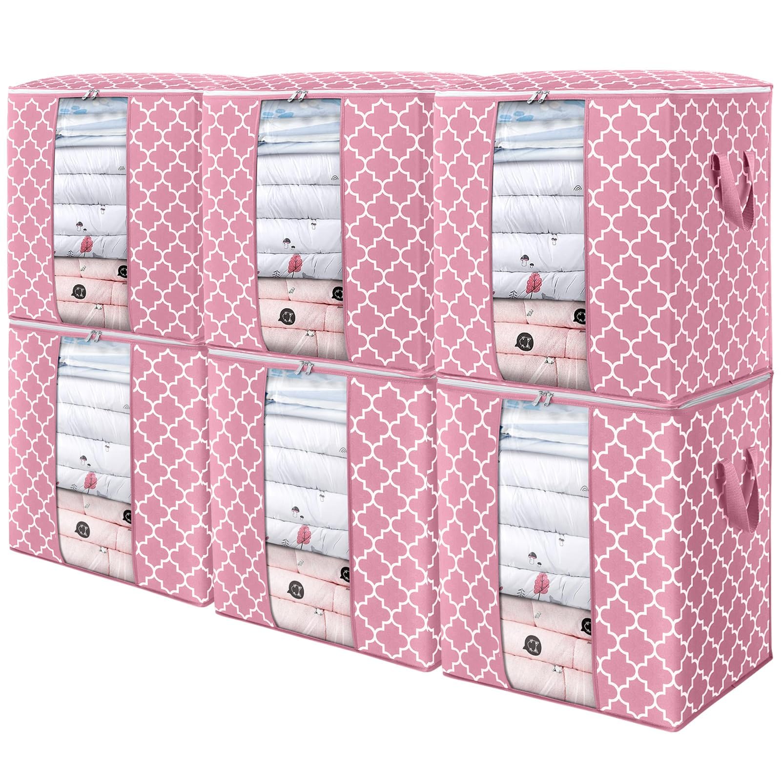 WISELIFE Storage Bags 6 Pack/100L Large Blanket Clothes Organization and Storage Containers for Comforters,Bedding, Foldable Organizer with Reinforced Handle, Clear Window, Sturdy Zippers,Pink Image
