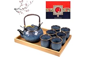 Japanese Porcelain Tea Set for 6 with Teapot, Cups & Tray - Kiln-Altered Glaze Traditional Ceremony Gift for Adults, Tea Love