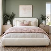 Brafab Cloud Queen Size Bed Frame with Headboard, Solid Wood Legs, Beige | Soft Boucle Upholstered, Low Profile Bedframe, Rounded Corners Headboard, Boho Style, Easy Assembly