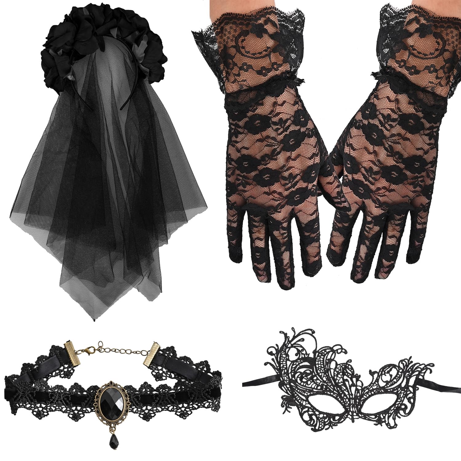 NAUZE 4 Pieces Day of the Dead Halloween Costume Set Gothic Bride Veil Ladies Rose Necklace Lace Eye Mask Lace Gloves for Halloween Adults Costume Accessory(Black)