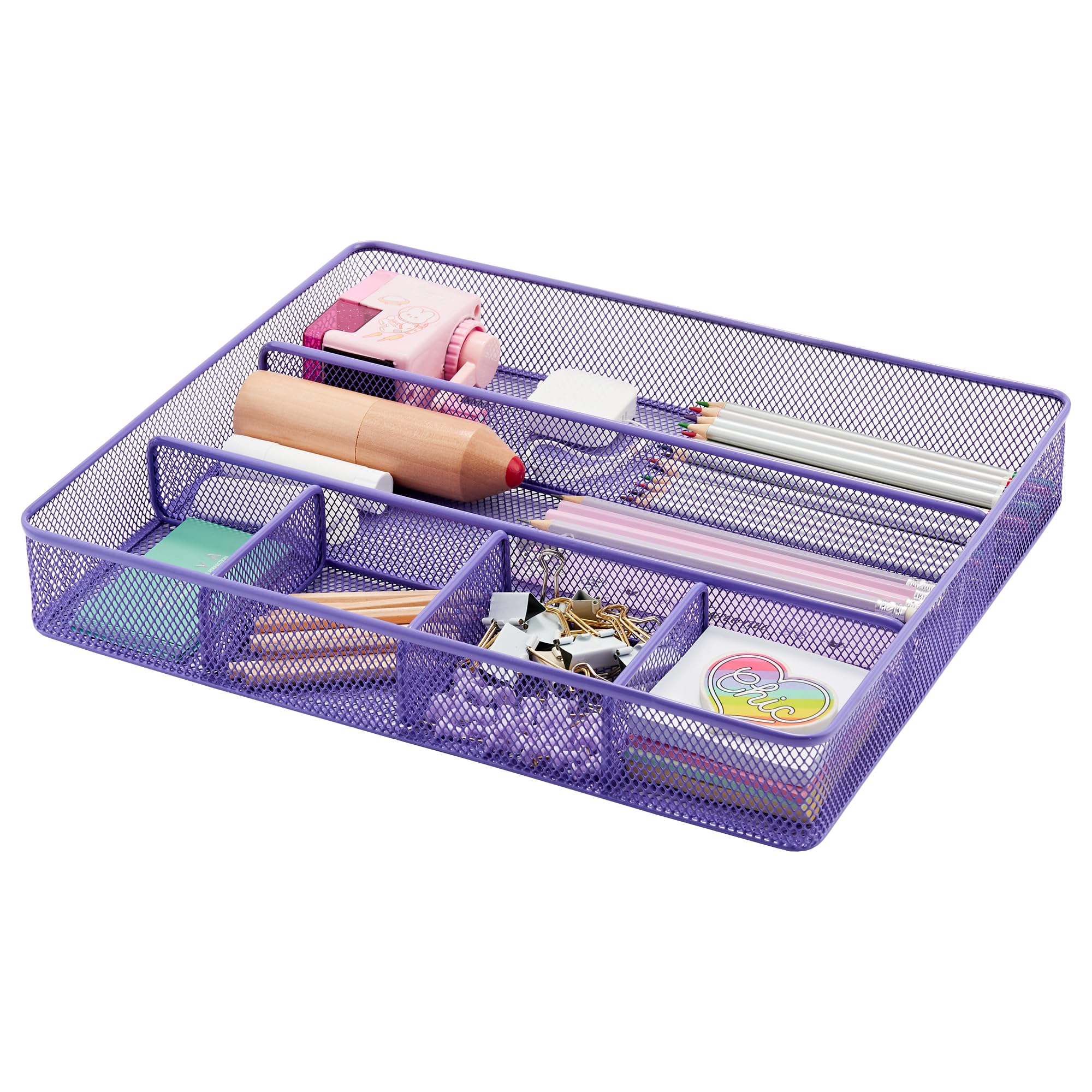 Annova Desk Drawer Organizer/Storage Tray - Metal Mesh with Dividers for Pens, Desktop Accessories, Bathroom, Kitchen, Makeup and Office Supplies (Purple)