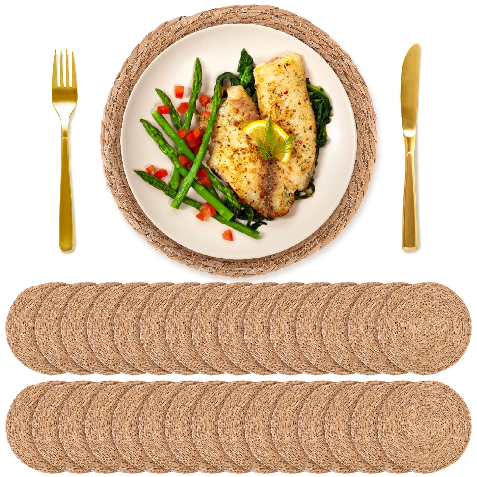 Photo 1 of 30 PCS Round Bulrush Woven Placemats 12 Inch Boho Rattan Chargers for Dinner Plates Natural Hand Weave Table Mats Rustic Wicker Braided for Farmhouse Home Wedding Party Outdoor Christmas Decor