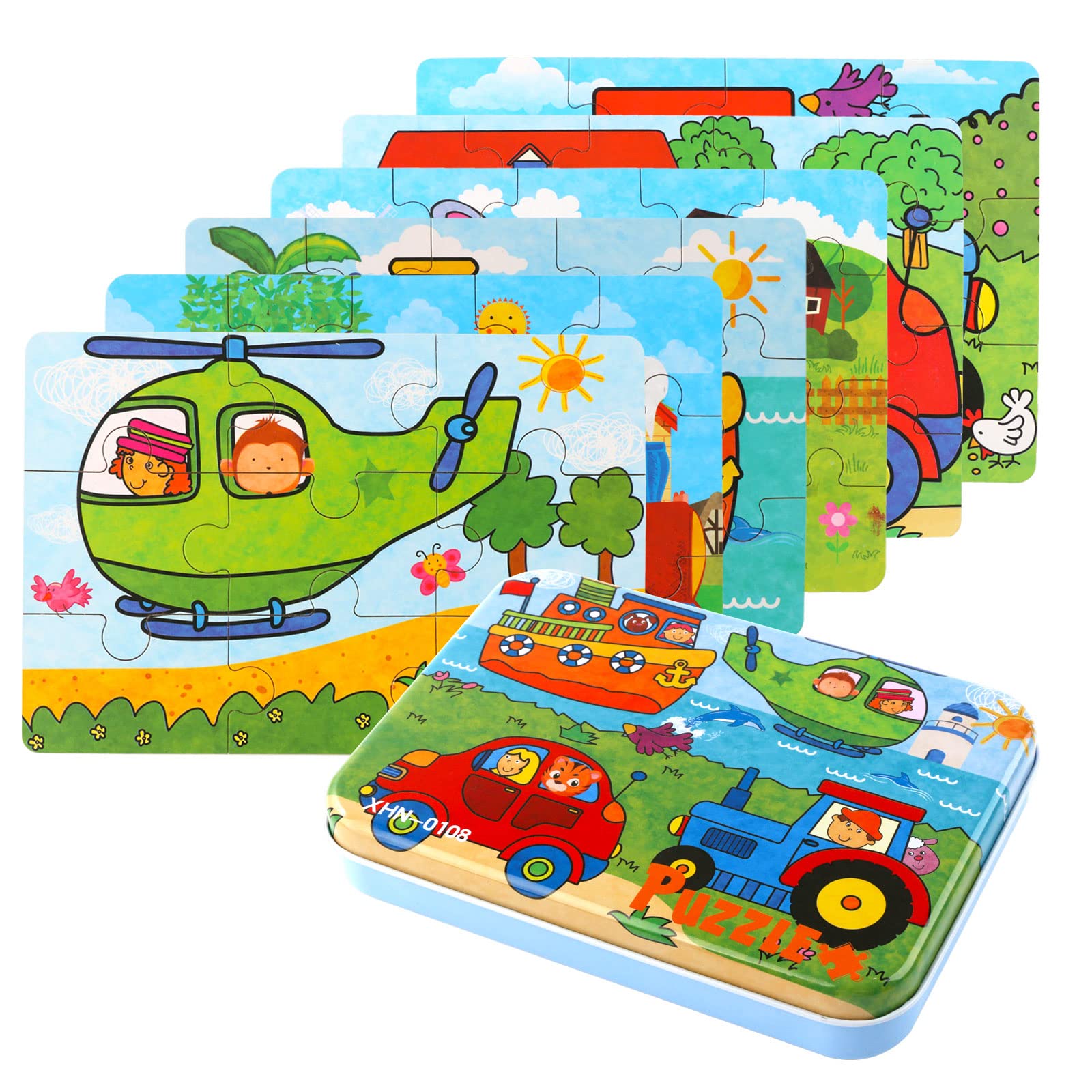 EDATOFLY 6 Sheets Puzzles for 3 Year Olds, Wooden Jigsaw Puzzles Wooden Puzzle with Metal Box Jigsaws for Children Age 3 Educational Learning Tool Best Birthday Present for Boys Girls (Traffic)