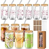 Yetene 6 Sets Coquette Bow Glass Cup 16oz Pink Bow Glass Cup with Lids and Straws Bible Verse Coffee Tumbler Drinking Jars with Box and Card Christian Valentine's Day Mother's Day Gifts for Women