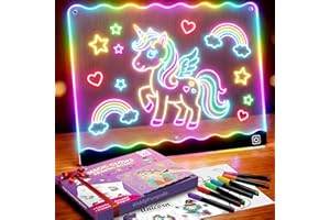 LED Drawing Board for Girls, USB-C 10" 7 Colors DIY Doodle Glow Tablet, 7 Pens, 10 Tracing Sheets - Unicorn Girls Toys Age 3+