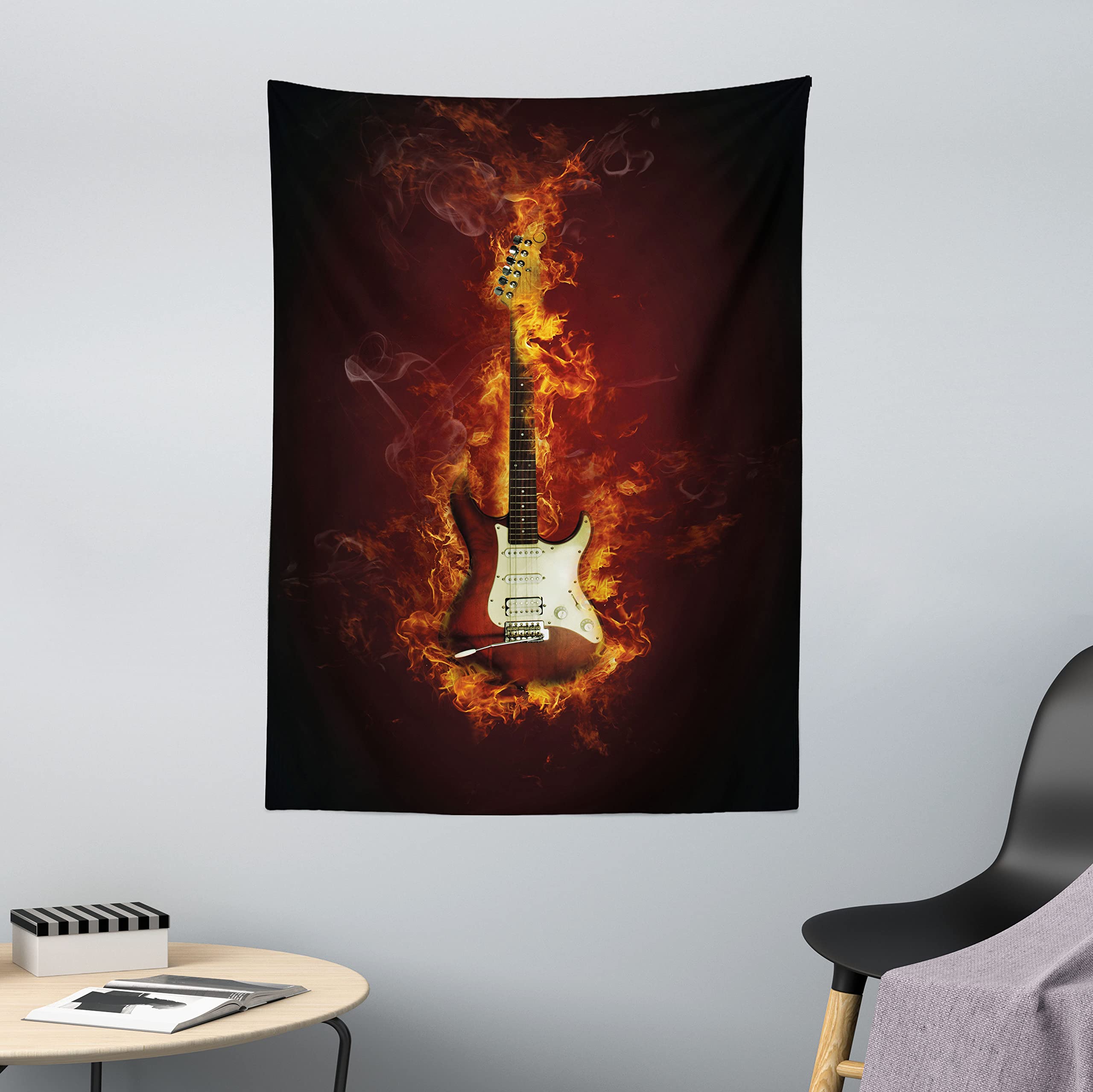 ABAKUHAUS Guitar Tapestry, Electric Guitar in Flames Burning Fire Hardrock Musical Creativity Concept, Fabric Wall Hanging Decor for Bedroom Living Room Dorm, 43 W X 58 L, Orange Maroon Black