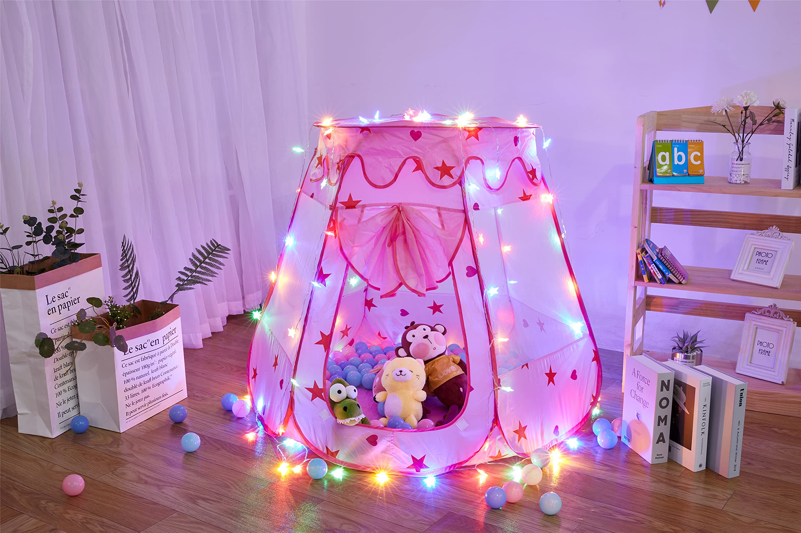 TTLOJ Gift for Christmas Baby Kids Play Tents with Star Lights for Girls Boys, Princess Castle Toy Tent, Playhouse for Toddler Play House, Teepee Tent Indoor Outdoor Ball Pit (Balls not Included