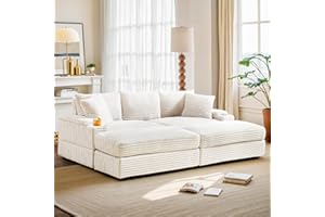 JEEOHEY 86.6"W Oversized Chaise Lounge Chair Indoor with Ottoman,Corduroy Upholstered Comfy Sofa w Storage Space⋓ Holders,Modern Sectional Couch,Sleeper Sofa Bed for Living Room,Office,Small Places(Beige)