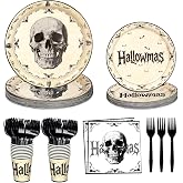 qonimi Vintage Halloween Paper Plates and Napkins Set - 125 Pcs Skull Bats Spooky Theme Disposable Tableware Includes Plates, Napkins, Cups & Forks Gothic Halloween Party Supplies Serve 25