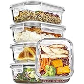 Vtopmart 5Pack 22oz Glass Storage Containers with Lids, Glass Meal Prep Food Container Sets with Snap Airtight Lids for Microwave, Oven, Freezer and Dishwasher, Grey
