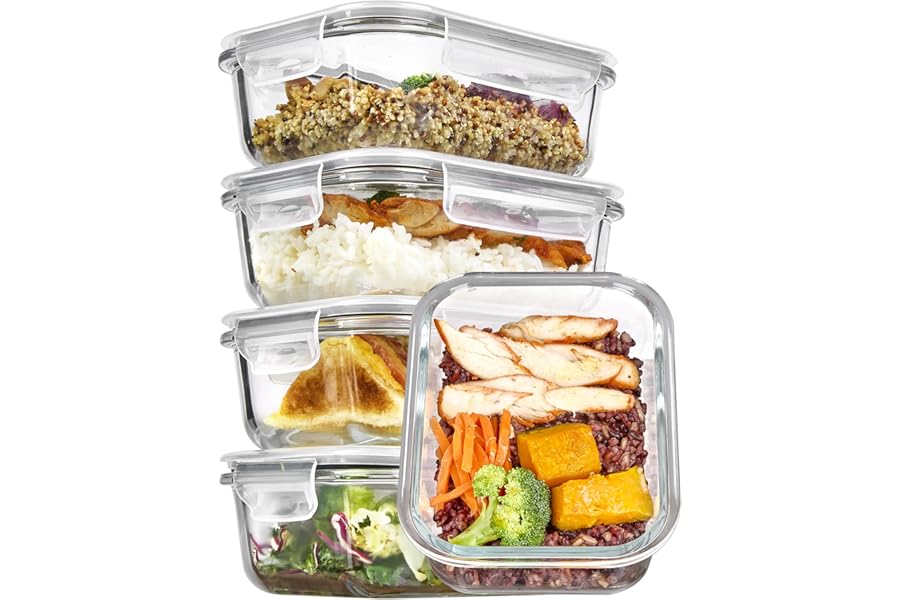 Vtopmart 5Pack 22oz Glass Storage Containers with Lids, Glass Meal Prep Food Container Sets with Snap Airtight Lids for Microwave, Oven, Freezer and Dishwasher, Grey
