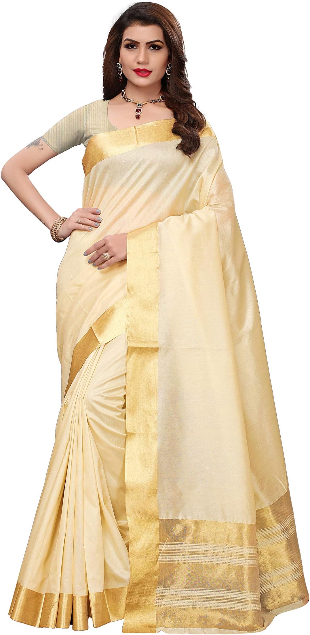 Celeb Styles Beige Colored Kerala Cotton Silk Saree with Running Blouse Piece