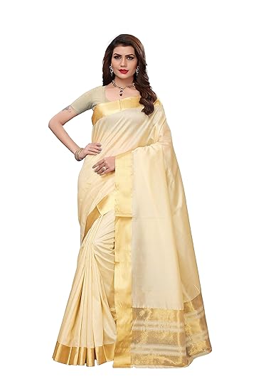 Women's Cottton Silk Sarees With Blouse Piece (Off White_Free_Size) (Kerala Cotton)