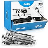 Individually Wrapped Heavy Duty Plastic Forks with Dispenser Box, Black Disposable Forks 100 Pack - Disposable Utensils for Home, Office, Restaurant, Catering, To-Go Meals - 100 Count (Black)