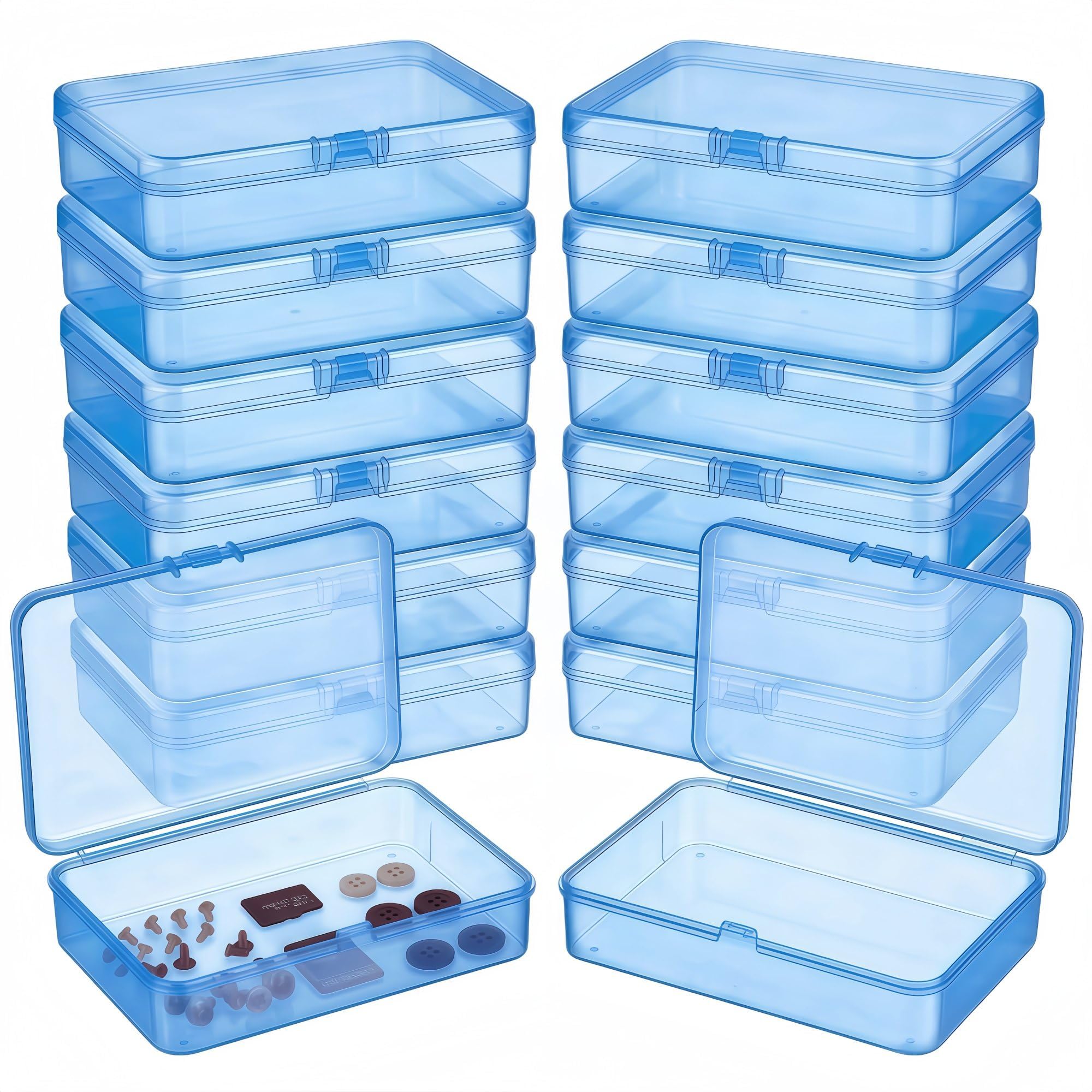 LJY 12 Pack Plastic Storage Boxes with Lids 11.5 x 8.5 x 2.8 cm – Blue Rectangular Small Containers for Diamond Art Accessories, Beads, Crafts and Hardware, Stackable Organiser Box Set