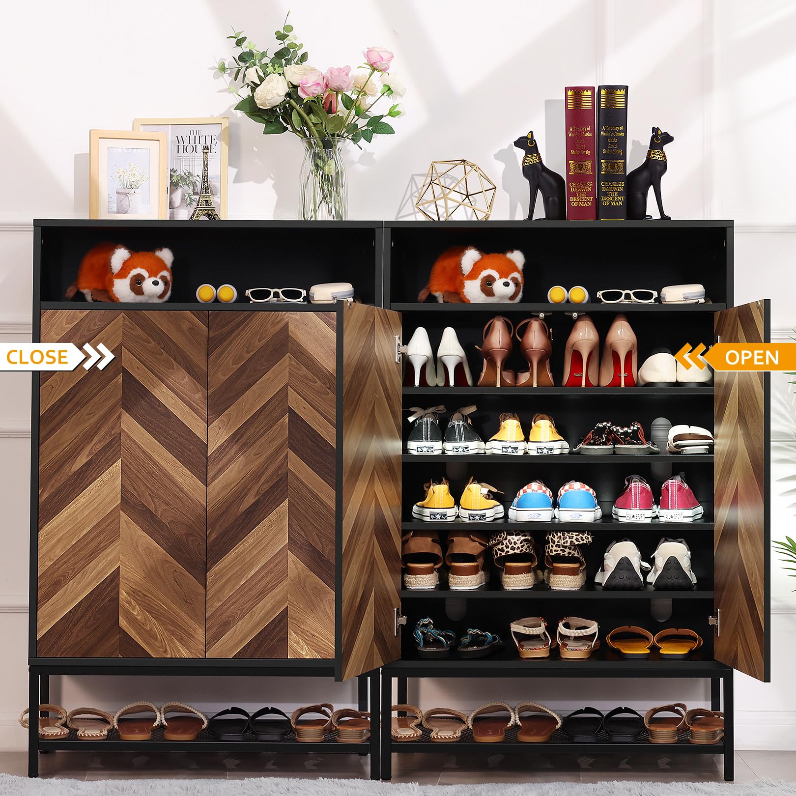 Aceshin Upgrade Shoe Organizer with Doors, Shoe Storage Cabinet with Adjustable Shelves for Entryway, 7-Tier Entryway Shoe Rack Storage for Hallway, Closet, Living Room (Black)