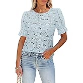LUXVEER Women's Eyelet Tops Puff Short Sleeve Blouses Dressy Casual Cute Hollow Out Crochet Lace Embroidered Summer Shirts