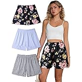 Cinvik Sleep Shorts Women Sleeping Shorts Pajama Bottoms Black Gingham Printed Fall Girl Blue Striped Womens Pjs 3 Pack Large