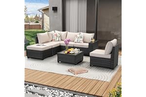JOYURE 7 Pieces Patio Furniture Set All-Weather Outdoor Wicker Sectional Conversation Sofa Rattan Patio Seating Sofa with Cushion and Glass Table and Ottoman for Porch Poolside,Beige