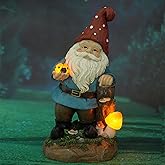 Topadorn Garden Gnome Statue LED Light Solar Energy Gnome Figurine with Ladybug on Hand Mushroom for House, Lawn Decor 11 Inch