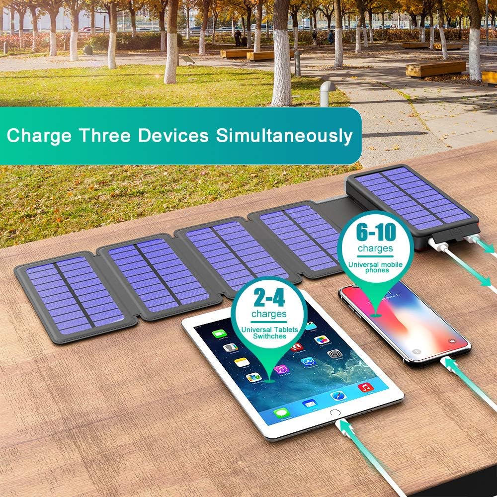 BLAVOR Solar Charger Five Panels Detachable, Qi Wireless Charger 20000mAh Portable Power Bank with Dual Output Type C Input Flashlight and Compass Kit (Black, 20000mah)