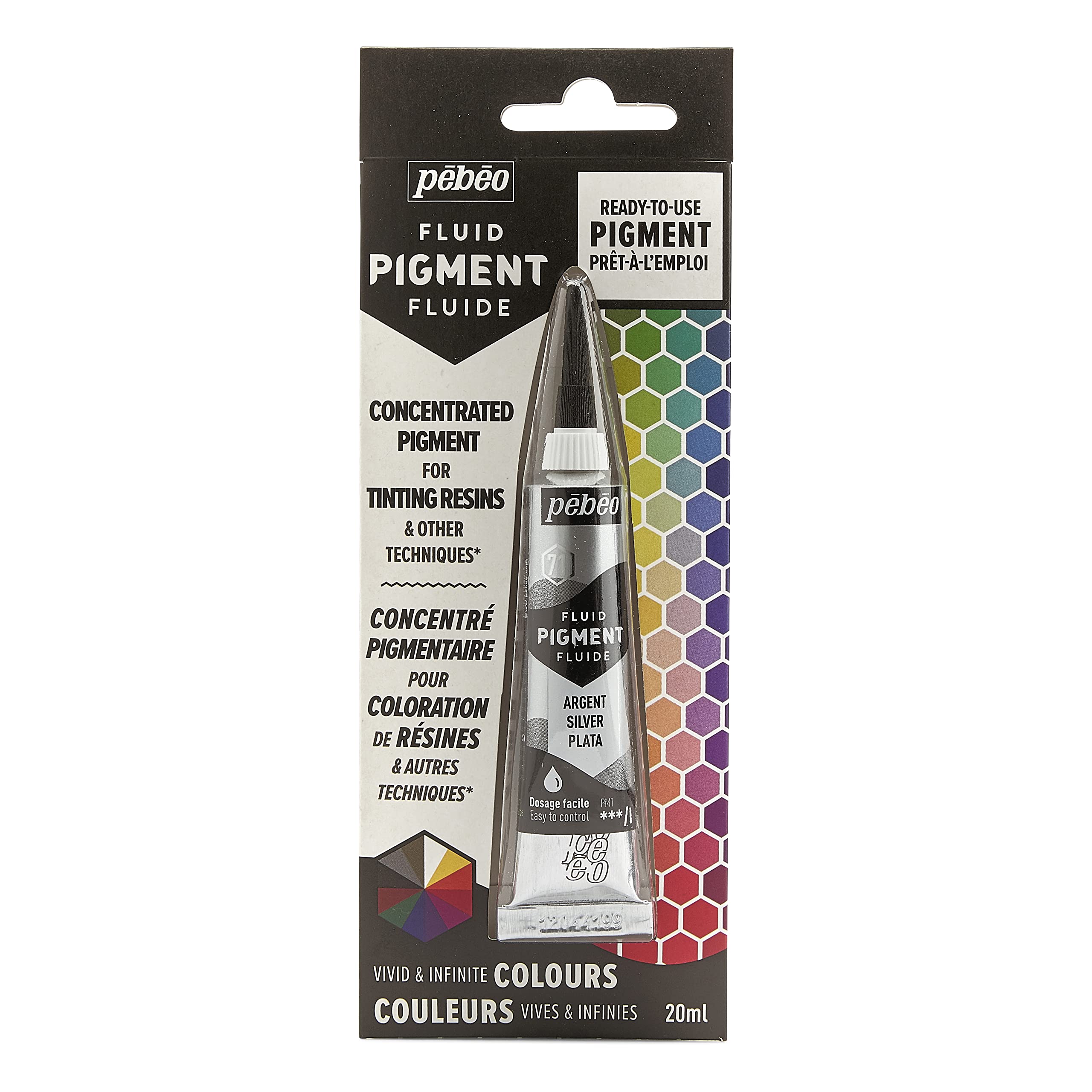 Pebeo Fluid Liquid Pigment Concentrate Resin-Mixable Colours-Opaque or Transparent Effect-Natural Origin-Silver-20 ml