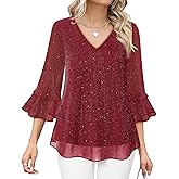 Bebonnie Womens Dressy Casual Tops Ruffle 3/4 Sleeve V Neck Floral Chiffon Blouses