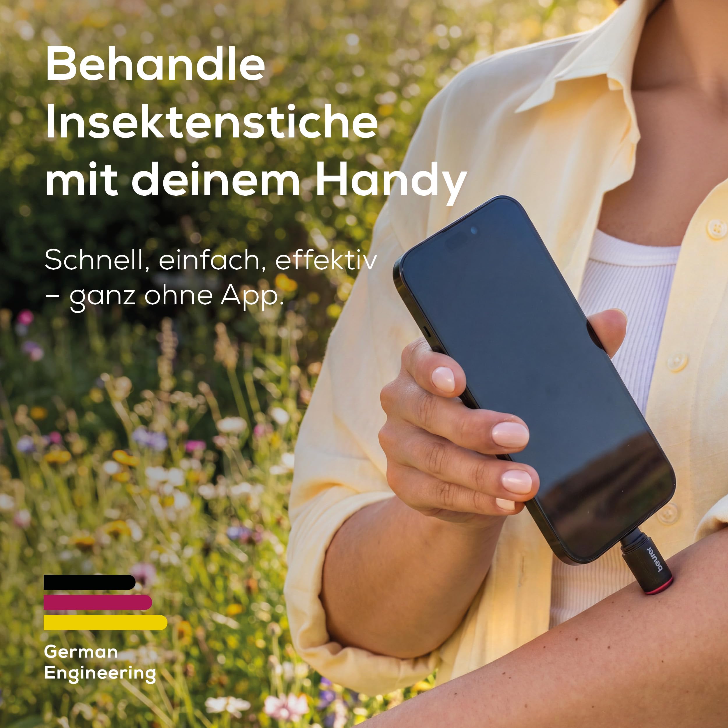 Beurer BiteX Go Deep Black Insektenstichheiler für Smartphone, Mückenstich Hitzestift gegen Juckreiz & Schwellungen durch Wärme, elektrischer Stichheiler Handy für Android & iPhone (USB-C), mit Licht 2