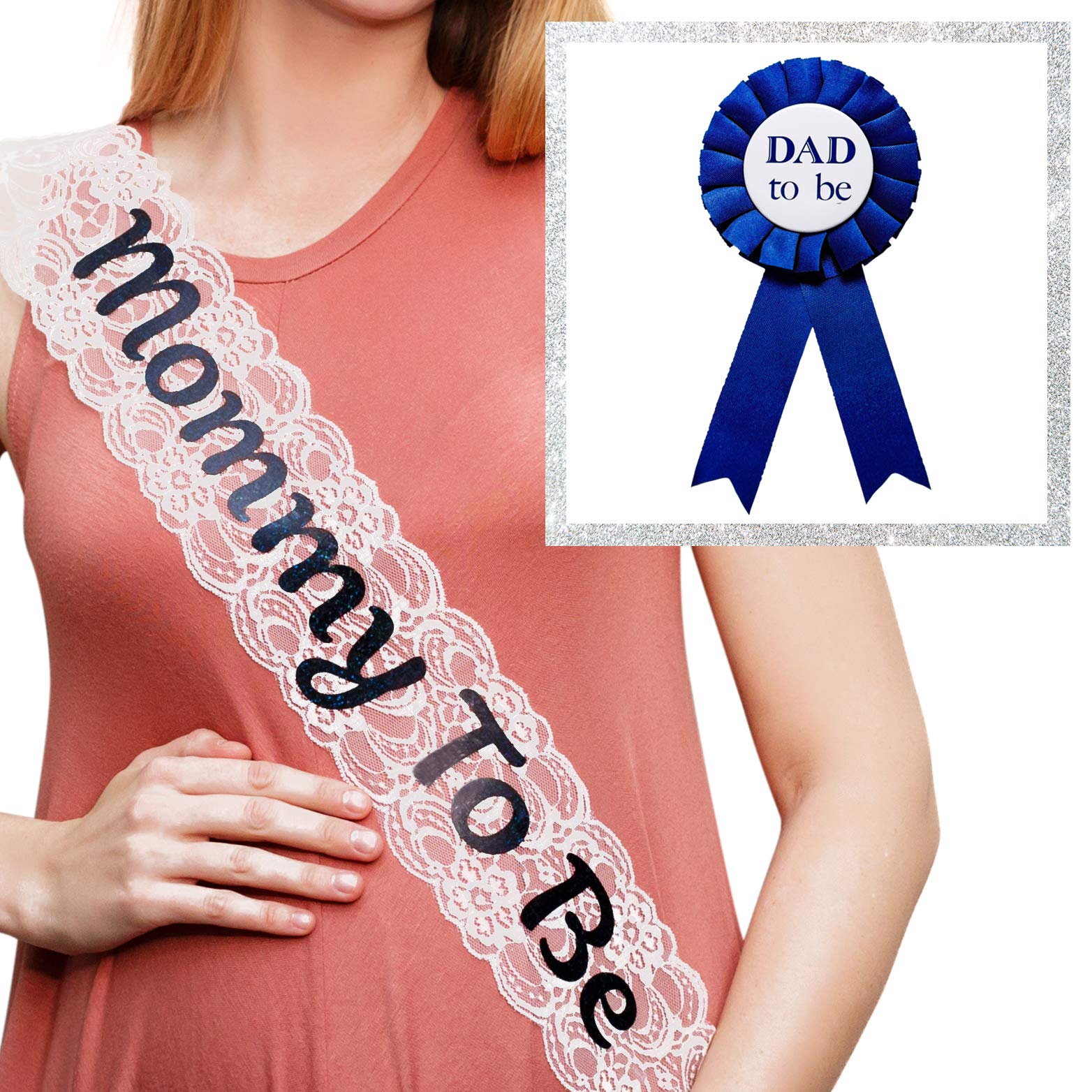 Mommy To Be White Lace Sash and Dad To Be Pin Pack - Baby Shower Decorations, Welcome Baby, Baby Sprinkle