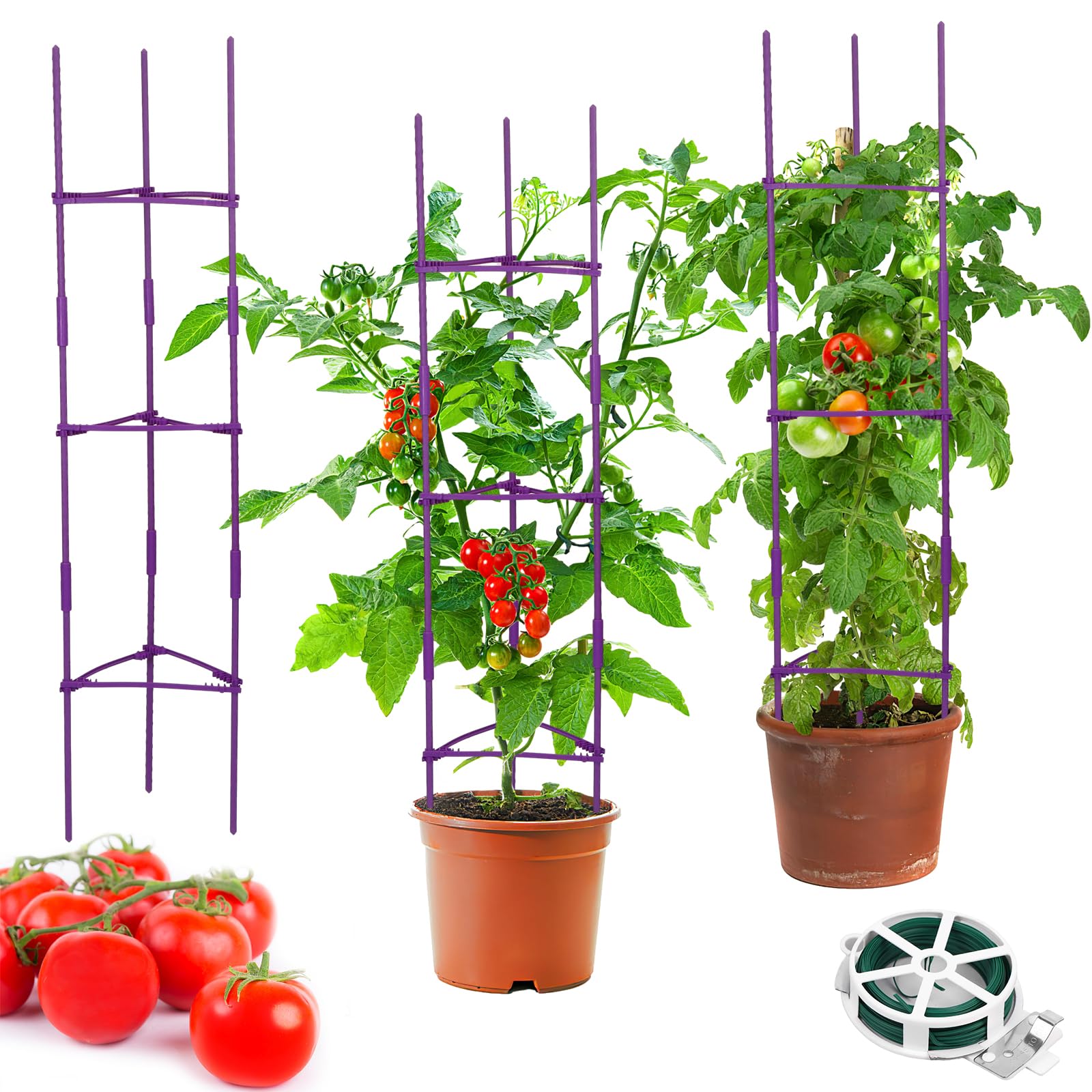 3 Pack 46.8'' Purple Adjustable Tomato Support Racks Gardening Support Plant Stand Climbing 6-claw Connecting Rrods Tie Wire Support for Climbing Plants Vegetables Flowers Fruits Vine