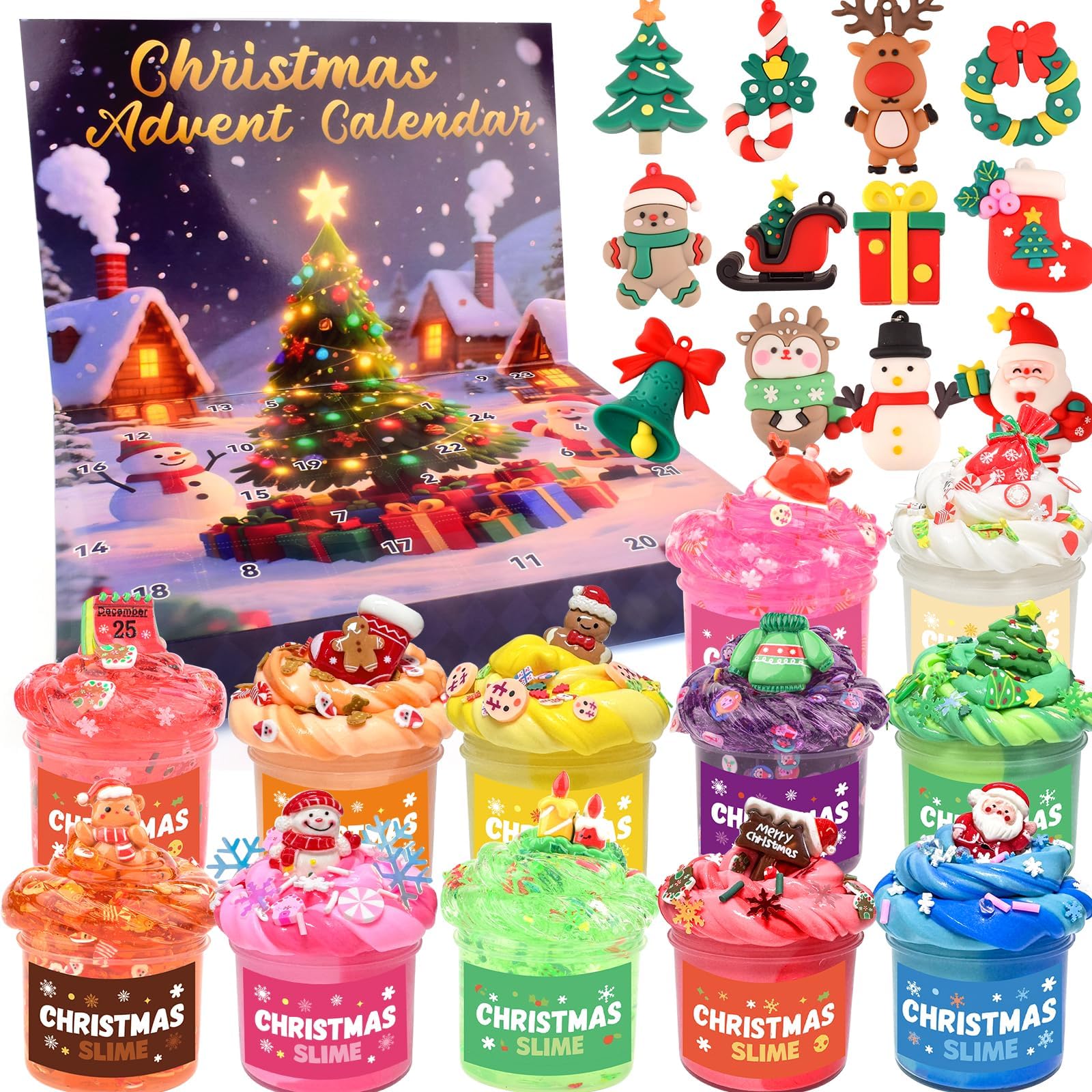 Christmas Slime Kit- Slime Party Favors for Slime Lovers, Xmas Stickers & Charms, Christmas Stocking Stuffers for Kids, Super Soft, Non-Sticky, DIY Surprise Slime for Girls & Boys