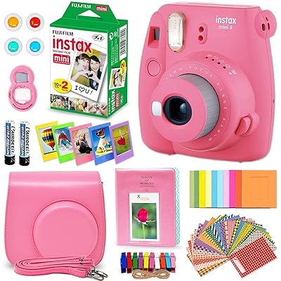 FujiFilm Instax Mini 9 Instant Camera Flamingo Pink + Fuji INSTAX Film (20 Sheets) + Custom Camera Case + Instax Album + 60 Colorful Stickers + 20 Emoji Stickers + Fun Frames + Colored Filters + More